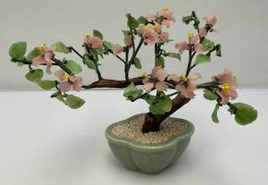 lot 206 image: Vintage Asian Chinese Bonsai Jade, Agate And Glass Flowers In Celadon Vase Pot 9 12 Tall