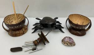 lot 210 image: Misc. Vintage Phillipines Collectibles Including Coconut Bowls, Wooden Crab Trinket Box And More