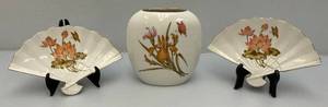 lot 222 image: Vintage Japanese Satsuma Porcelain Vase And Porcelain Fans With Stands