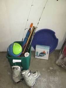 lot 618 image: Snow Tube, ski boots, baseball bats...