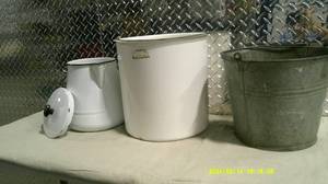lot 50 image: Enameled Porcelain Coated Pail, Coffee Pot and Steel Pail