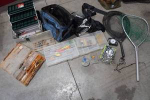 lot 43 image: Assorted Fishing - Net, Tackle Boxes, Lures