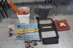 lot 70 image: Assorted Ice Fishing Accessories - Scoops, Poles, Tip-Ups, Chairs