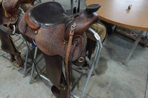 lot 251 image: 14 Tooled Leather Western Saddle with Stand