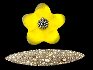 lot 16D image: UL - Alexis Bittar Handcarved Brooch Set Yellow Floral and Rhinestone