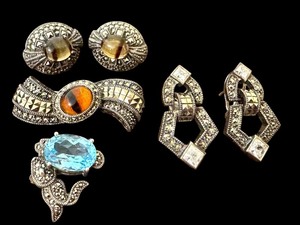 lot 17D image: UP - Collection of Sterling Silver and Marcasite Jewelry Brooches and Earrings
