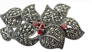 lot 47D image: UL - Marcasite and Sterling Silver Floral Brooch with Red Stones