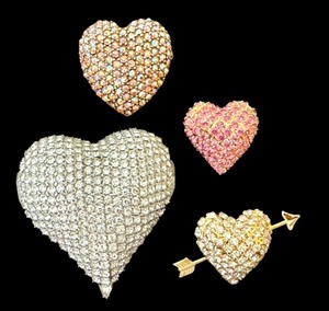 lot 54D image: UL - Set of 4 Rhinestone Heart Brooches Pins