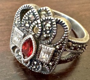 lot 56D image: Sterling Silver Marcasite Ring with Red Center Stone