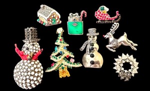 lot 57D image: UL - Set of 8 Holiday Brooch Pins Including Sterling Silver and Rhinestone Designs