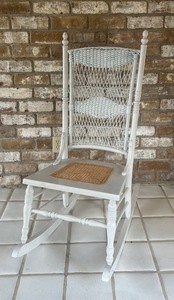 lot 40C image: SR - Vintage White Wicker and Cane Seat Rocking Chair
