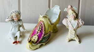 lot 83C image: SRFR - Set of 3 Antique Bisque and Porcelain Figurines with Decorated Shoe