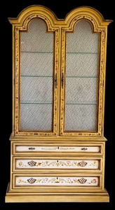 lot 12HH image: LR - Vintage Drexel Heritage Hand-Painted Display Hutch with Glass Shelves