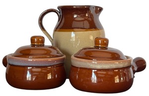 lot 33H image: K - Set of 3 Vintage Brown Glazed Stoneware 7 Pitcher and 2 Covered Soup Crocks