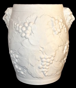 lot 35H image: FR - White Ceramic Vase with Grapes and Face Motif, 9.5 Inches Tall