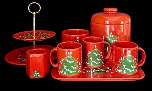 lot 37H image: FR  - Vintage Waechtersbach West Germany Christmas Ceramic Serving Set with Two-Tier Dessert Stand