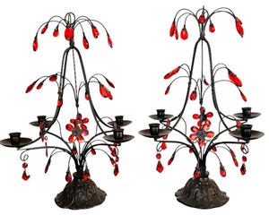lot 39H image: LR  - Pair of Vintage Point A Ligne Paris 20-Inch Red Crystal Candelabras