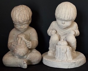 lot 41H image: LR - Pair of Vintage Child Figurines Austin Sculpture and Boy by Tree Stump 9.5-10 in