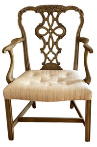 lot 53H image: LR - Vintage Wooden Arm Chair with Ornate Backrest and Upholstered Seat