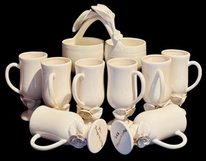 lot 54H image: FR - Set of 8 Ceramic Floral Mugs and Double Condiment Dish by Paper Windows USA