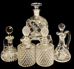 lot 59H image: K - Set of 5 Decorative Cut Glass Decanters and Cruets