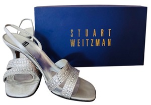 lot 68HH image: MBR - Stuart Weitzman Silver Rhinestone Heeled Sandals Size 7.5 with Box