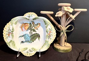 lot 70H image: K - Italian Jay W. Co. Handpainted Dish and Wooden 3-Candle Holder Set