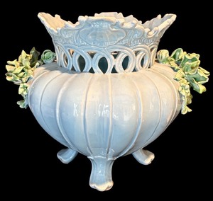 lot 73H image: K - Vintage Italian Ceramic Footed Centerpiece Bowl with Applied Floral Accents