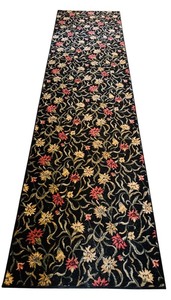 lot 100H image: UL - Floral Pattern Hallway Runner Rug, Black with Red and Gold Accents