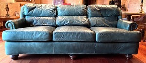 lot 102H image: LL - Vintage Leathercraft Inc. Vintage Dark Green Leather Sofa with Studded Arms
