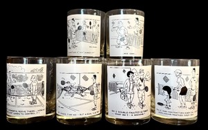 lot 118H image: FR - Set of 6 Vintage Bill Davey Tennis Cartoon Glasses