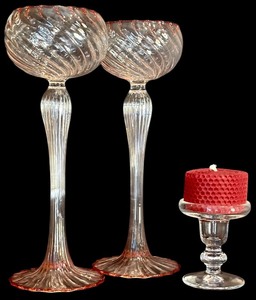 lot 123H image: LR - Set of 2 Tall Swirl Glass Candle Holders and 1 Mini Glass Holder with Red Candle