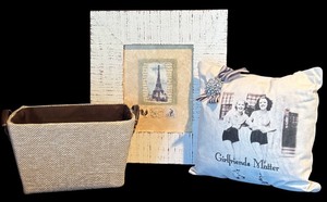 lot 131H image: FR - Decor Set with Antique Reflections Eiffel Tower Wall Art, Girlfriends Matter Pillow, and Woven Basket
