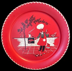 lot 133H image: SR - Vintage 19 Inch Red Metal Serving Tray with Chef and BBQ Design