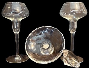 lot 134H image: LR - Vintage Glass Stemware Pair and Faceted Pedestal Candleholder Set