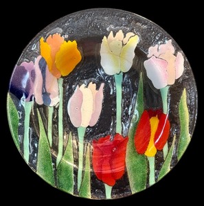 lot 135H image: LR - Vintage Wm McGrath Fused Art Glass Bowl with Colorful Tulip Design