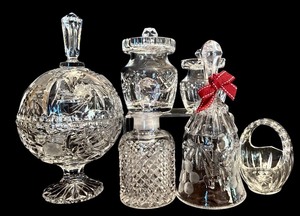 lot 150H image: FR - Set of 5 Cut Crystal Decorative Pieces Including Footed Jar, Jars, Bell, and Basket