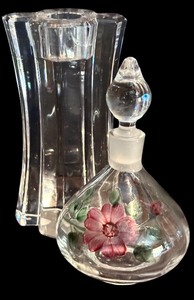 lot 251H image: LR - Vintage Orrefors Sweden Crystal Candle Holder and Floral Perfume Bottle Set