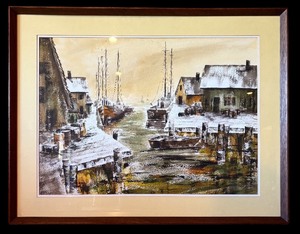 lot 307H image: LL - Lou Roman Framed Original Harbor Scene Watercolor Painting