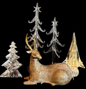 lot 312H image: LL - Collection of Glass and Acrylic Christmas Trees with Brass Deer Figurine