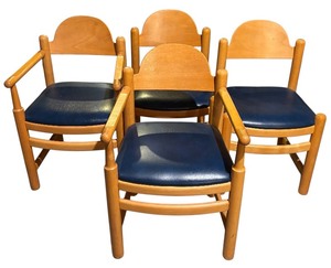 lot 314H image: LL - Set of 4 Shafer Vintage Wood Chairs with Blue Seats, 2 with Arms