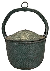 lot 321H image: LL - Large Vintage Woven Basket with Lid and Handle 30 Tall