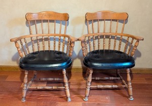 lot 168 image: LL - Pair of S. Bent & Bros Colonial Windsor Arm Chairs with Black Cushions