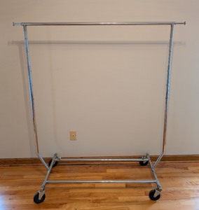lot 182 image: UL - Adjustable Chrome Garment Rack on Wheels 42x22 Inch Base