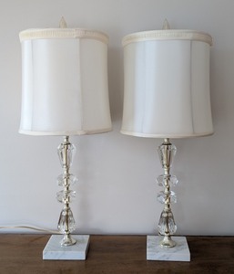 lot 187 image: UL - Pair of 25-Inch Crystal Table Lamps with Marble Bases