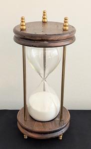 lot 203 image: ML - Vintage Wooden Hourglass with Brass Accents, 10 Inch