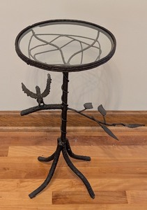 lot 217 image: UL - Wrought Iron Side Table with Bird and Branch Design, Glass Top