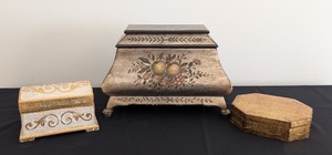 lot 222 image: ML - Set of 3 Decorative Trinket and Jewelry Boxes Ardley Hall Painted Floral and Ornate Gold Designs