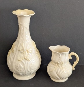 lot 224 image: ML - Vintage Belleek Ireland Cream Porcelain Vase and Creamer Set