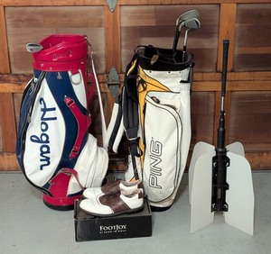 lot 247 image: G - Golf Lot 2 Bags, Assorted Clubs, FootJoy 10.5 Shoes, and Golf Ball Retriever
